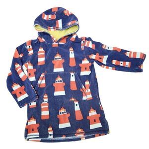 Mini Boden Kids Toweling Hooded Swim Coverup Terry Blue Lighthouse Print 9-10 Yr